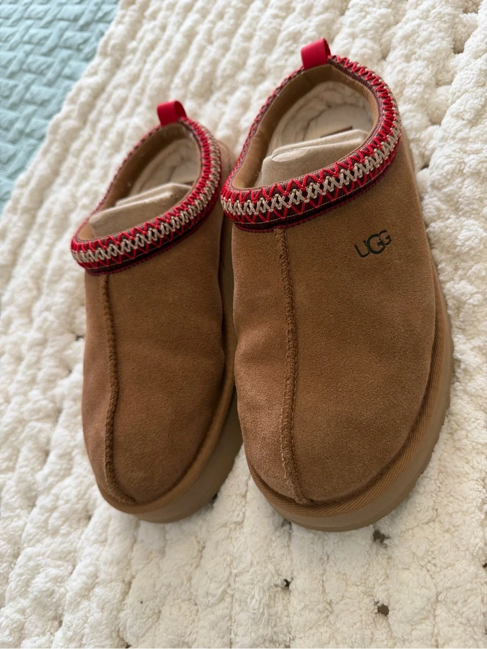 UGG Chestnut Suede Slip-On Clogs with Red Trim